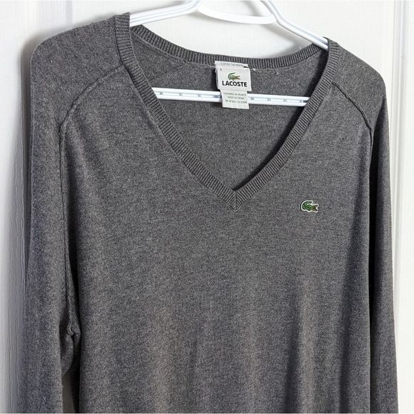 Vintage LACOSTE cotton cashmere v neck knit sweater grey size 4 small @i1 - Picture 2 of 10